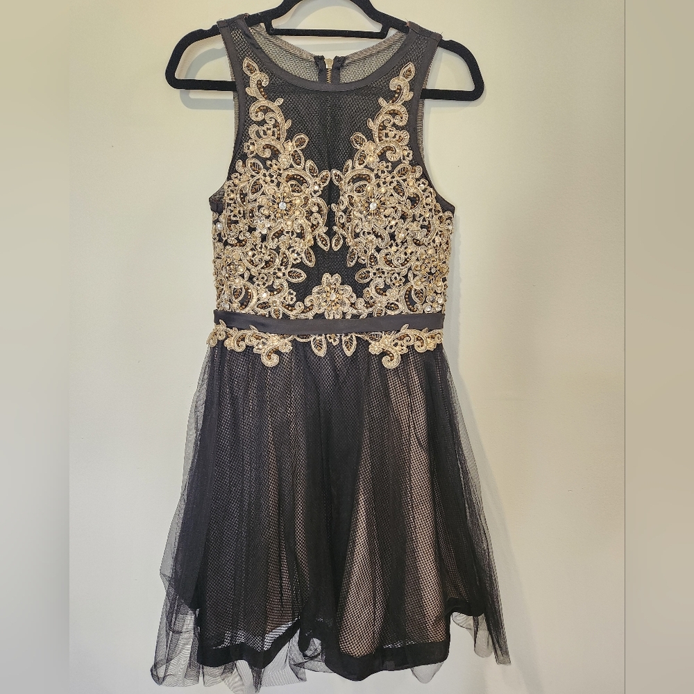 Camille La Vie Gold Halter Fit and Flare Mini Dress